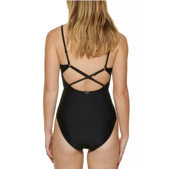 Calvin Klein Over The Shoulder Wrap Around One Piece Swim Suit 12 Black - Picture 4 of 7